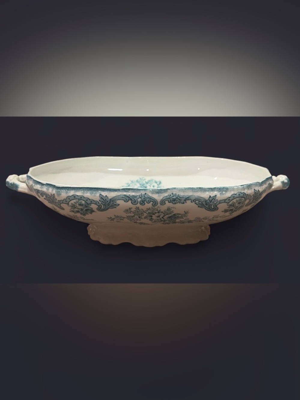 Antique New Wharf Pottery Teal Harwood Transferware Handled Serving Dish England